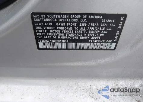 2015 Volkswagen Passat 1.8T Wolfsburg Edition из США, поврежденный, VIN 1VWAS7A33FC019839